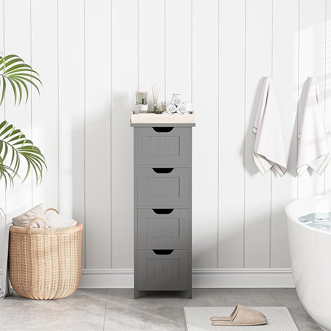 Bathroom Floor Storage Cabinet, Freestanding Wooden Side Organizer w/4 Drawers - Image 2