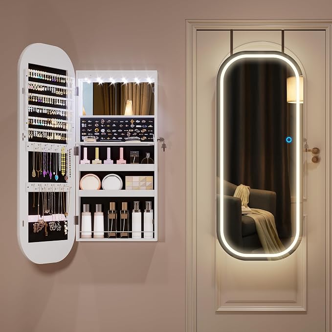 LVSOMT LED Mirror Jewelry Cabinet, Wall/Door Mount Jewelry Mirror Organizer - Image 2