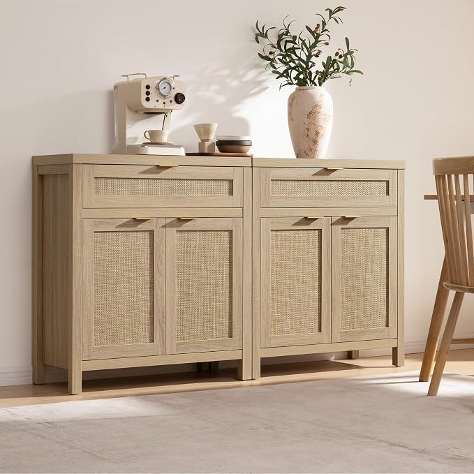 SICOTAS Sideboard Buffet Storage Cabinet Set of 2, Rattan Credenza Buffet Table - Image 2
