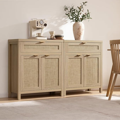 SICOTAS Sideboard Buffet Storage Cabinet Set of 2, Rattan Credenza Buffet Table - Image 2