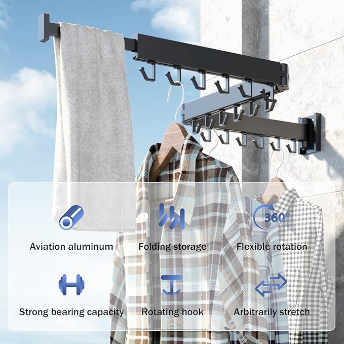 HEILAIYI Clothes Drying Rack for Laundry, Wall Mounted Clothes Hanger Rack - Image 9