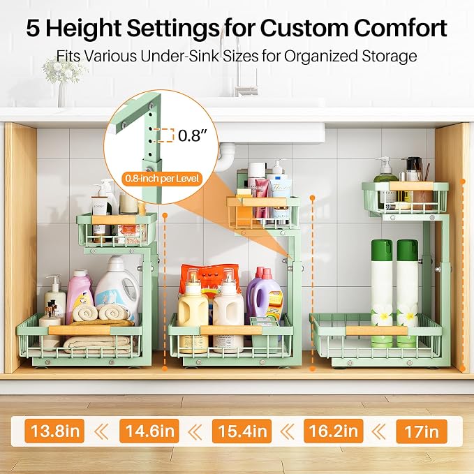 PXRACK Under Sink Organizer, Adjustable Height, 2 Tier Pull Out Under Cabinet - Image 5