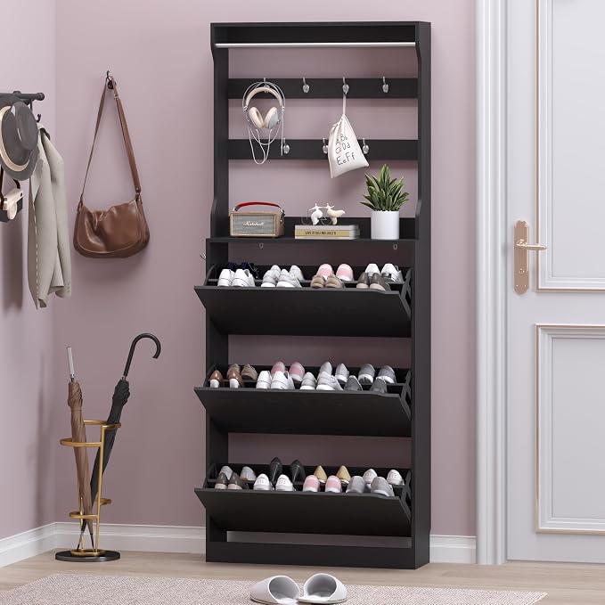 BORNOON Shoe Cabinet with 3 Flip Drawers & Coat Rack, Narrow Hidden Shoe - Image 7