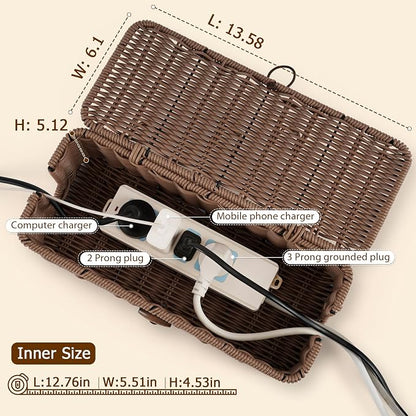 Cable Management Box, Handwoven Faux Rattan Cord Organizer Box - Image 2