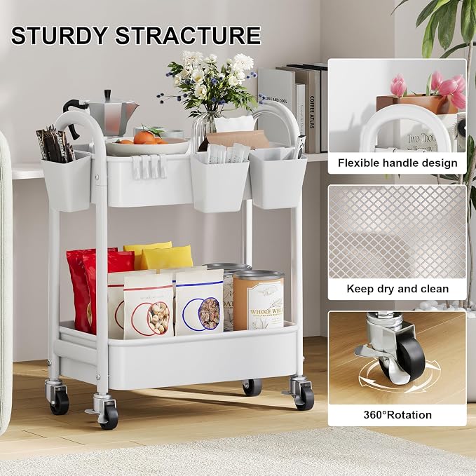 2 Tier Rolling Cart Metal with Wheels, Two Tiered Short Shelf Trolley, Small - Image 7