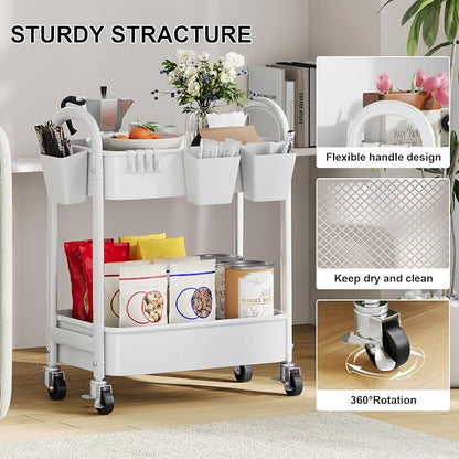 2 Tier Rolling Cart Metal with Wheels, Two Tiered Short Shelf Trolley, Small - Image 7