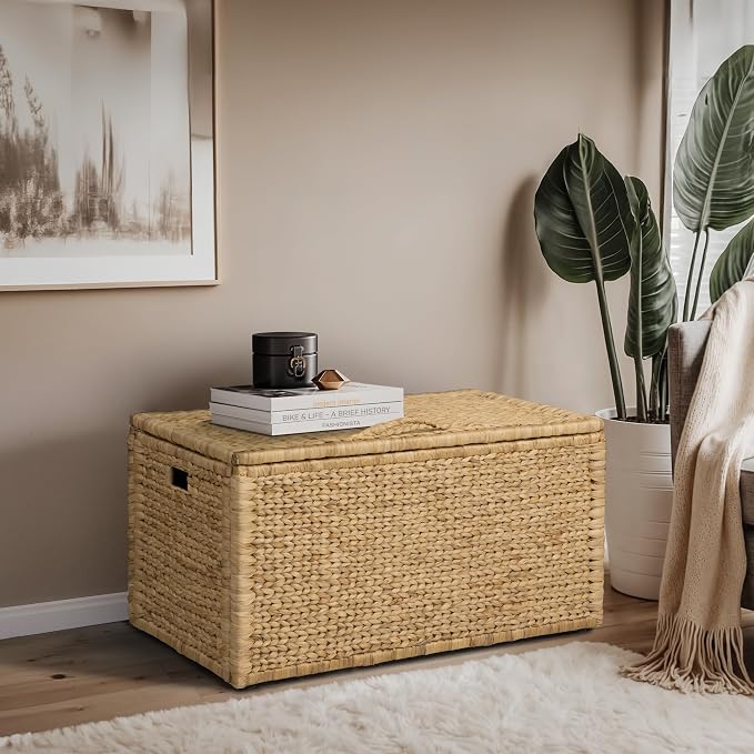 eHemco Water Hyacinth Blanket Storage Trunk, 2 Safety Hinges, Wicker Decorative - Image 2