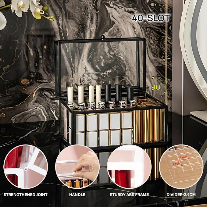 40 Lipsticks Organizer with Lid, Glass Display Box Fits Large Perfume & Skincare - Image 2