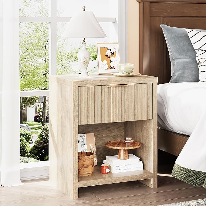 VINGLI Fluted Oak Nightstand Set of 2, Bedside Table, End Tables Bedroom - Image 7