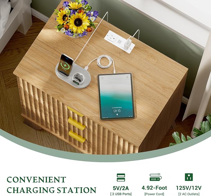 Fluted Nightstand with Charging Station, Modern Wood Side Table Night Stand - Image 4