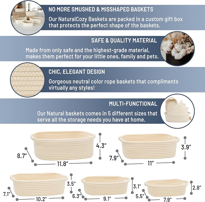 NaturalCozy 5-Piece Rectangle Storage Basket Set- Natural Cotton Rope Woven - Image 2