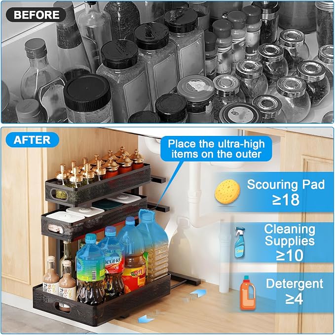 Under Sink Organizer, Height Adjustable Slide out Storage Drawer Rack - Image 3