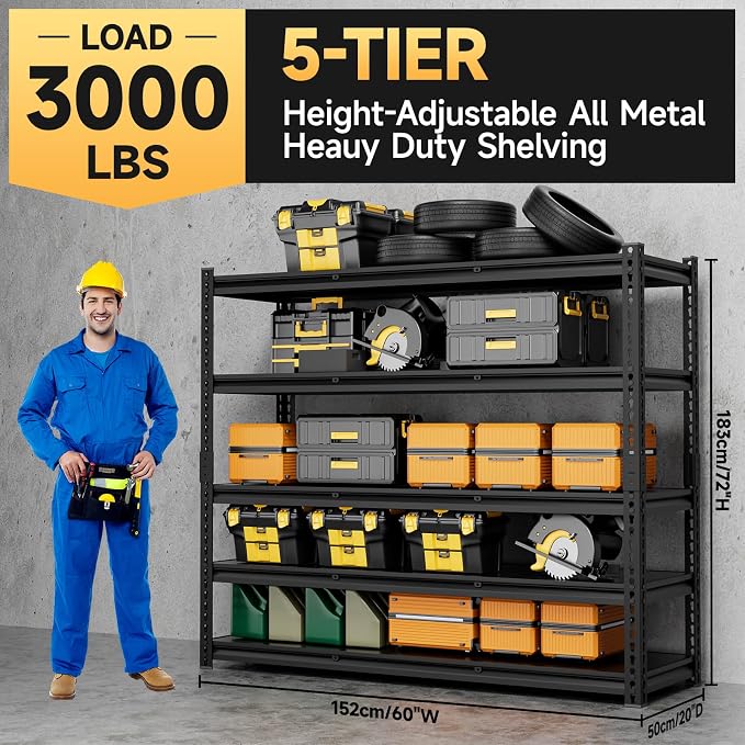 5-Tier 60”D X 20”W X 72”H Garage Shelving Heavy Duty 3000LBS Shop Shelves Heavy - Image 3