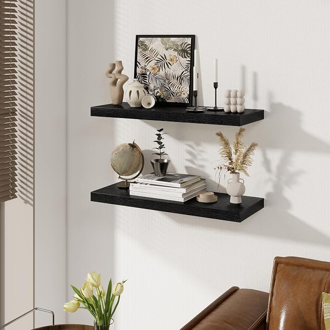 Black Floating Shelves for Wall, 27.5 Inch Bathroom Shelves Set of 2, Rustic - Image 2