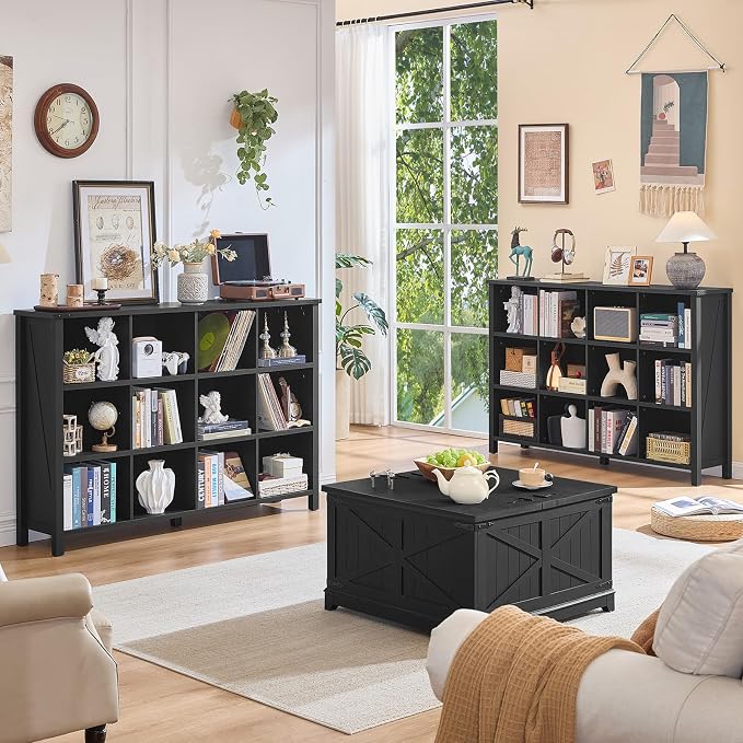 Joaxswe 12 Cube Storage Organizer, Farmhouse 62 Inch Wide Black Oak Display - Image 2