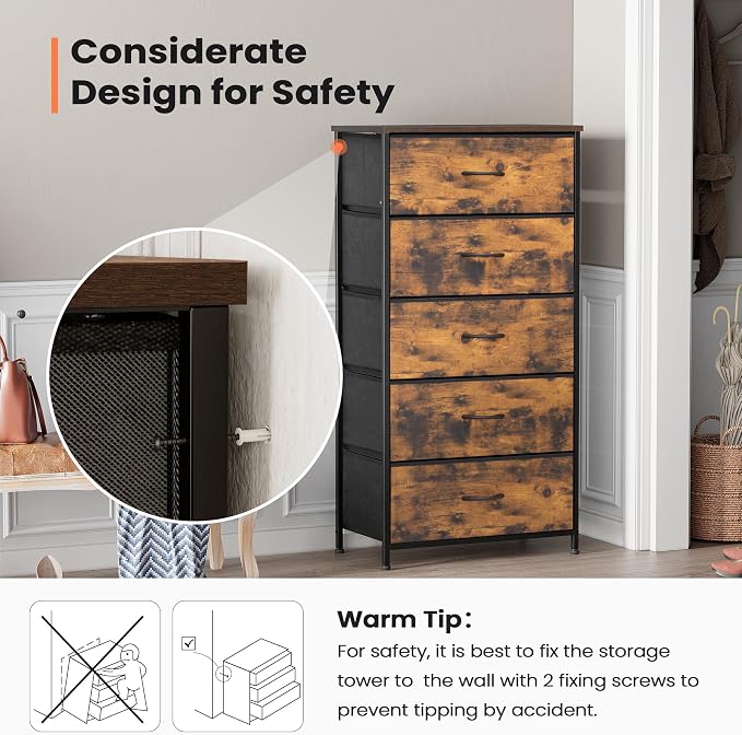 Tall Dresser, Wide Vertical Fabric Storage Tower, 5 Drawer | Sturdy Steel Frame - Image 6