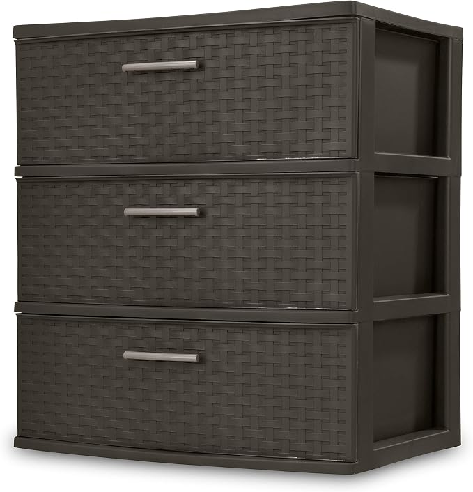Sterilite 3 Drawer Wide Storage Tower, Plastic Weave Organizer, Espresso - Image 3