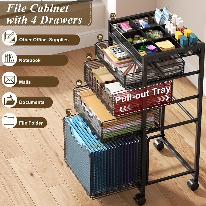 Rolling File Cart with 4 Storage Drawers, Under Desk Organizer with DIY Divider - Image 4