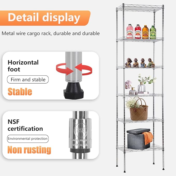 FDW 6 Tier Wire Shelving 17L x 12W x 64H Pantry Shelves Storage Rack Shelving - Image 5