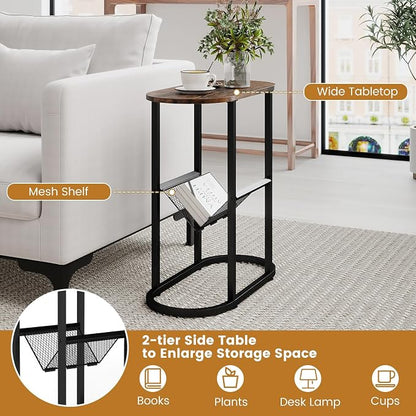Tangkula Oval Narrow Side Table, 2-Tier End Table w/Mesh Magazine Rack - Image 7