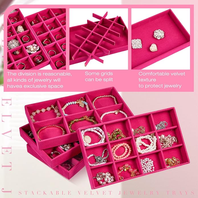 Junkin 12 Pcs Jewelry Tray Velvet Stackable Jewelry Organizer Trays Divided - Image 3