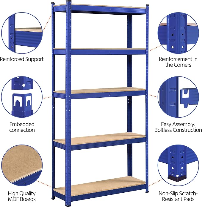 Yaheetech 5-Tier Heavy Duty Storage Shelves 35.5" W x 12" D x 71" H Blue | - Image 6