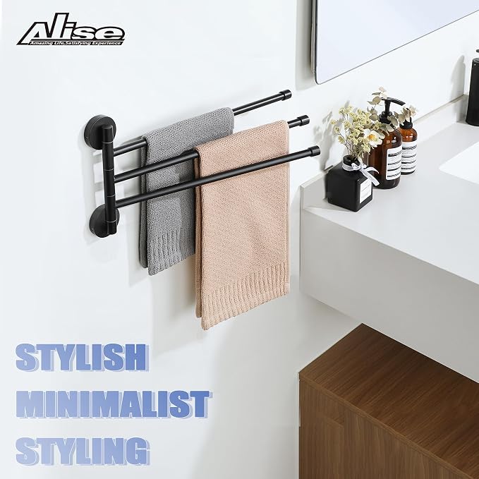 Alise 3 Arm Swivel Towel Rack, Matte Black Swivel Out Towel Bar, 13.86 Inch | - Image 3