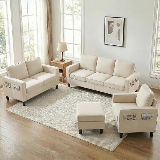 BALUS 78" W 4 Piece Living Room Set, Modern Linen L Shaped Sofa by BALUSFuritureHomeLife