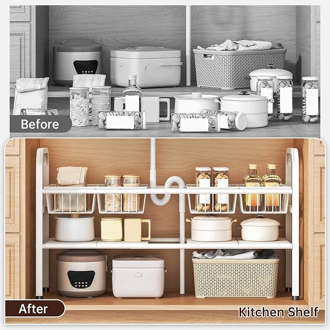 2 Tier Under Sink Organizer Expandable Length/Height Adjustable Heavy | - Image 6