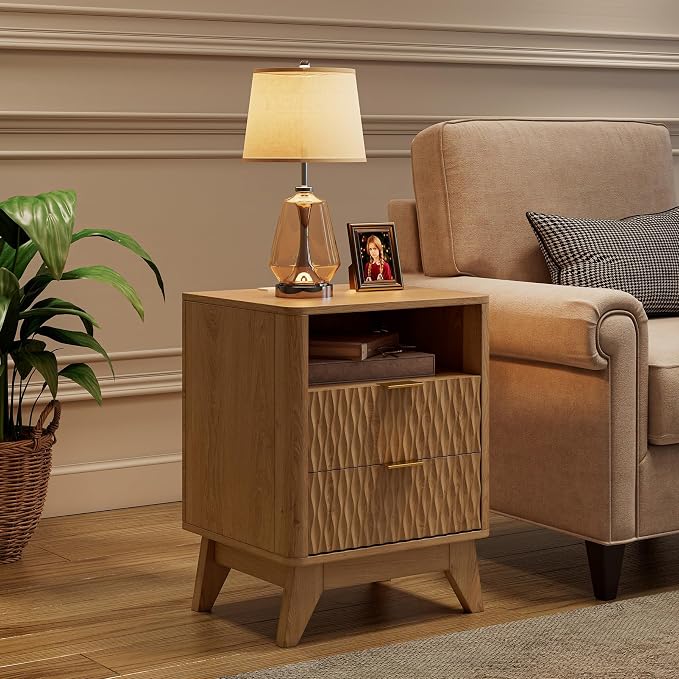 Fluted Nightstand with Charging Station, Bedside Table - Image 3