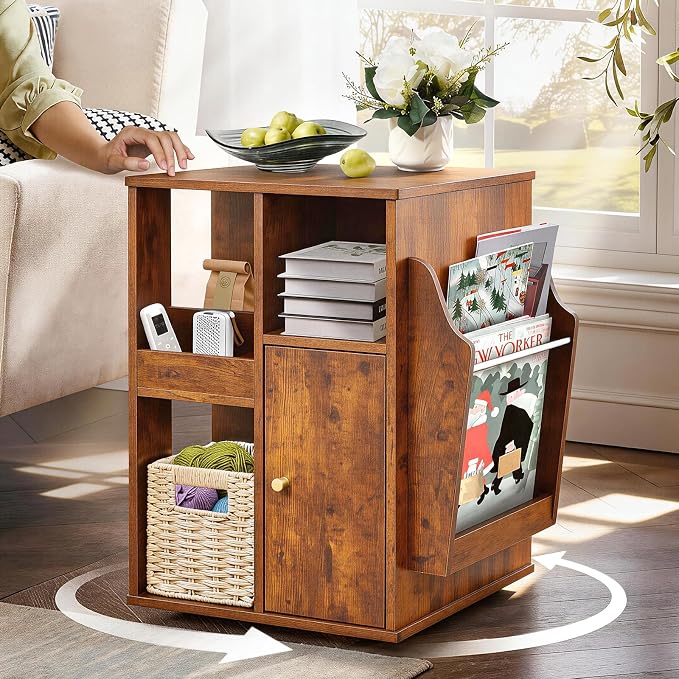 Square Rotating End Table with Storage, Rustic Brown | Side Table with Magazine - Image 3