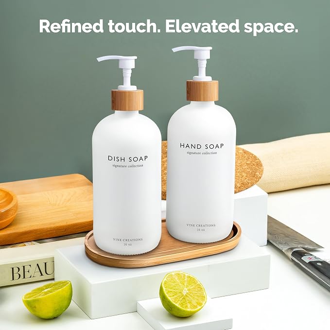 Vine Creations White Glass Soap Dispenser Set, Hand Soap and Dish Soap - Image 6