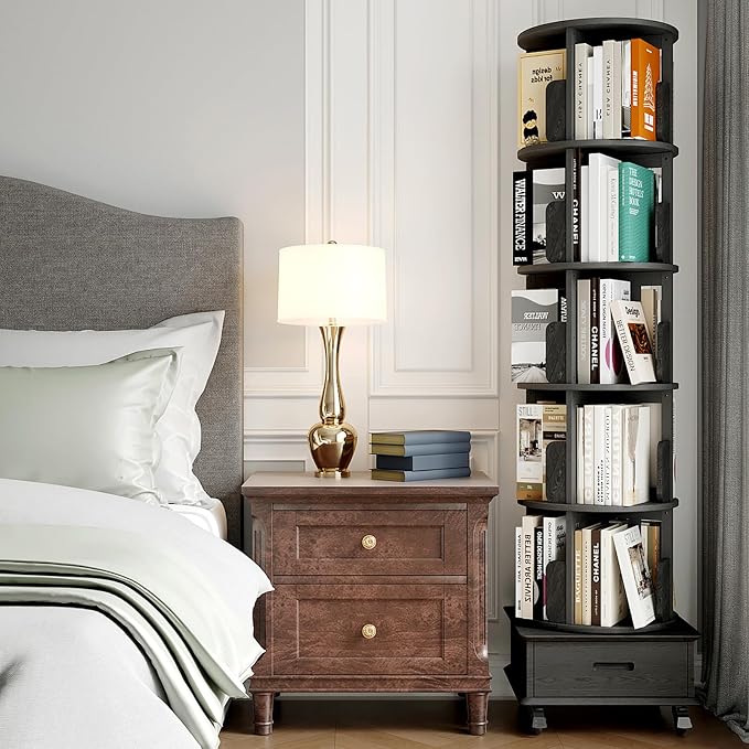 Solid Wood Rotating Bookshelf Tower on Wheels, 5-Tier Spinning Bookcase - Image 7