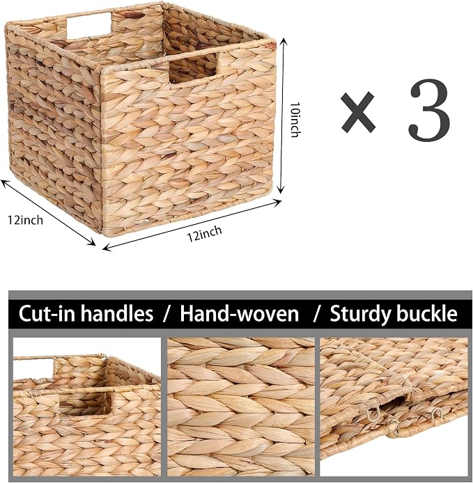 12x12x10 Water Hyacinth Storage Basket Large, Folding Cube Woven Wicker Storage - Image 3