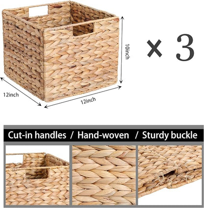 12x12x10 Water Hyacinth Storage Basket Large, Folding Cube Woven Wicker Storage - Image 3