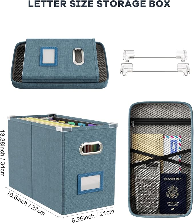 File Organizer Box with Lid, Hanging Filing File Box with Mesh Pocket, Document - Image 2