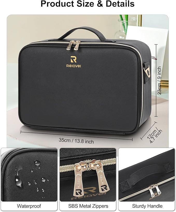 Relavel Makeup Train Case With LED Mirror, Professional Travel Cosmetic Bag - Image 3