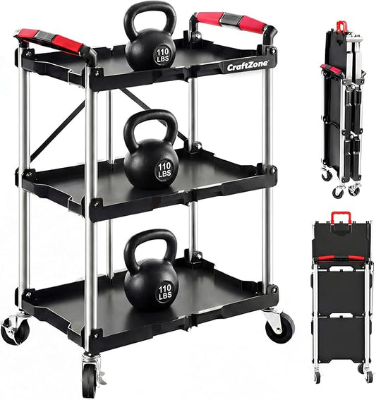 Folding Service Cart, Rolling Utility Cart, 330 LBS Collapsible Service Cart by CraftZone