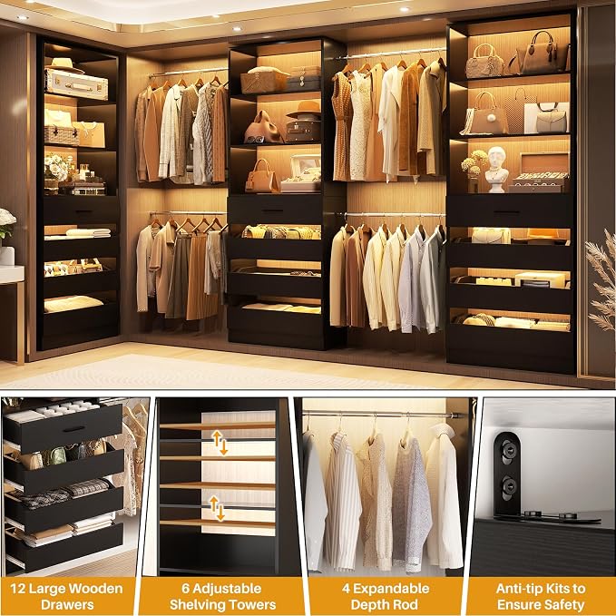 Aheaplus Closet System with 12 Drawers, 8.5-11.5Ft Wood Closet Organizer System - Image 4