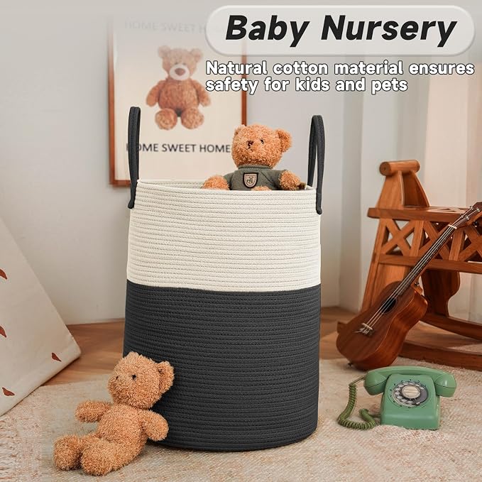 Large Woven Laundry Basket Hamper, 60L Cotton Rope Storage Bin - Image 2