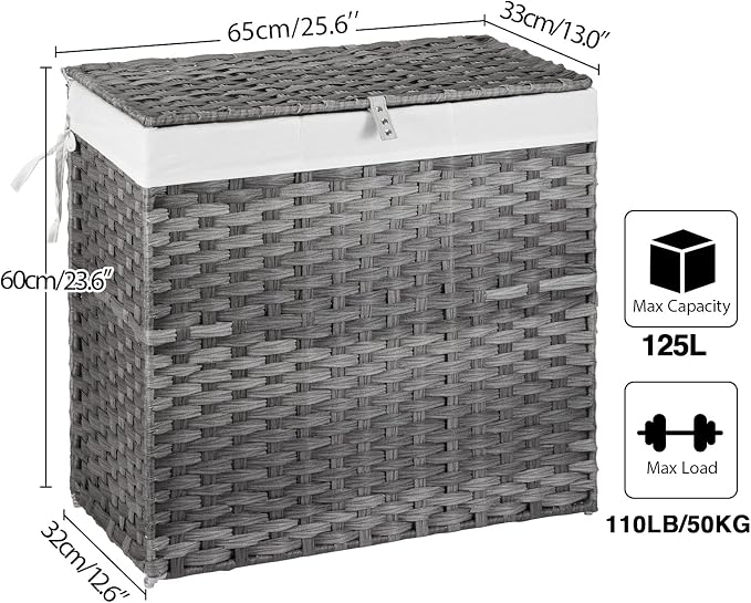 Greenstell Laundry Hamper with Lid, 125L Large Clothes Hamper with 3 Section & - Image 6
