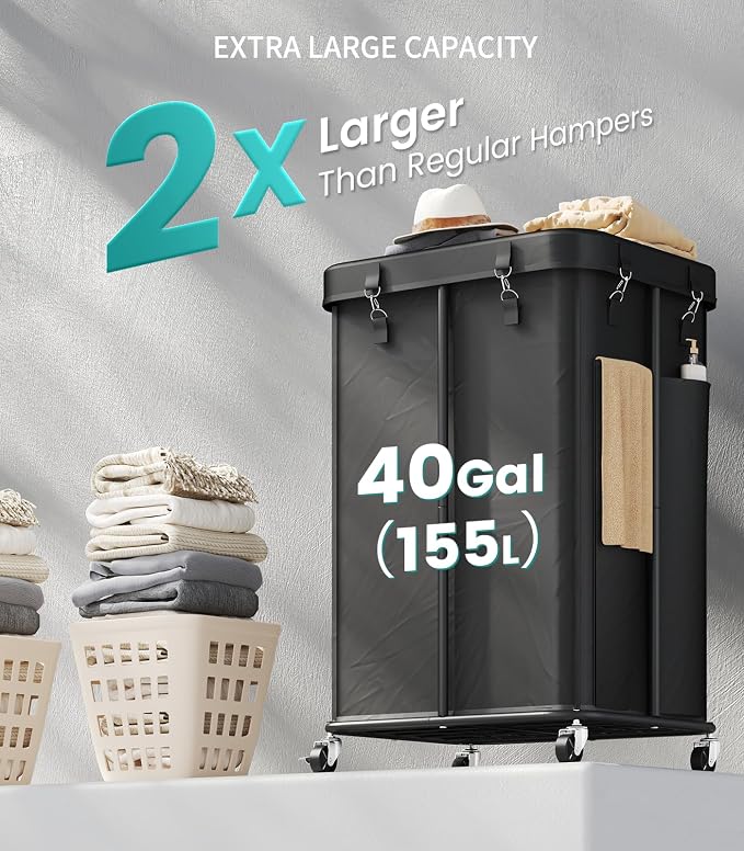 Laundry Hamper with Wheels, Rolling Laundry Basket with Metal Frame and - Image 2