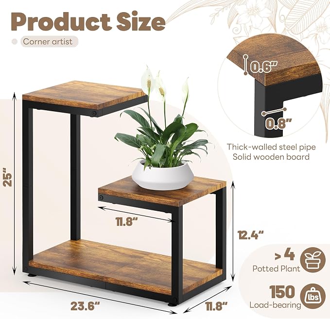 3 Tier Plant Stand Indoor, Thickened Metal Wood Corner Plant Shelf Stands - Image 2