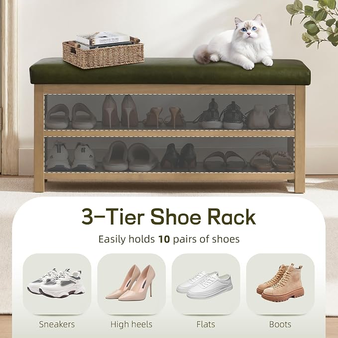Zihanhome Shoe Rack Bench with Leather Cushion, 2 Tier Solid Wood Storage Bench - Image 6
