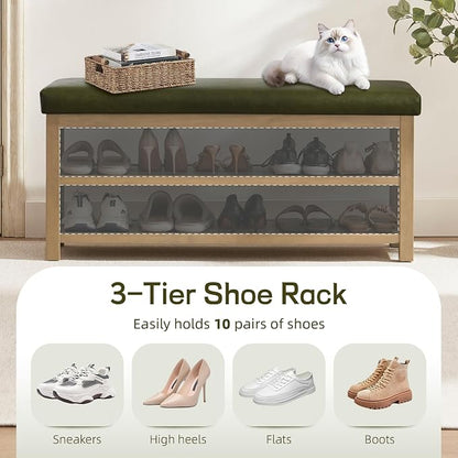 Zihanhome Shoe Rack Bench with Leather Cushion, 2 Tier Solid Wood Storage Bench - Image 6