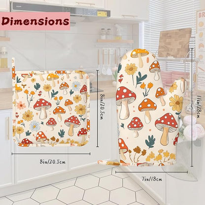 Retro Mushroom Daisy Flowers Silicone Oven Mitts and Pot Holders, - Image 2