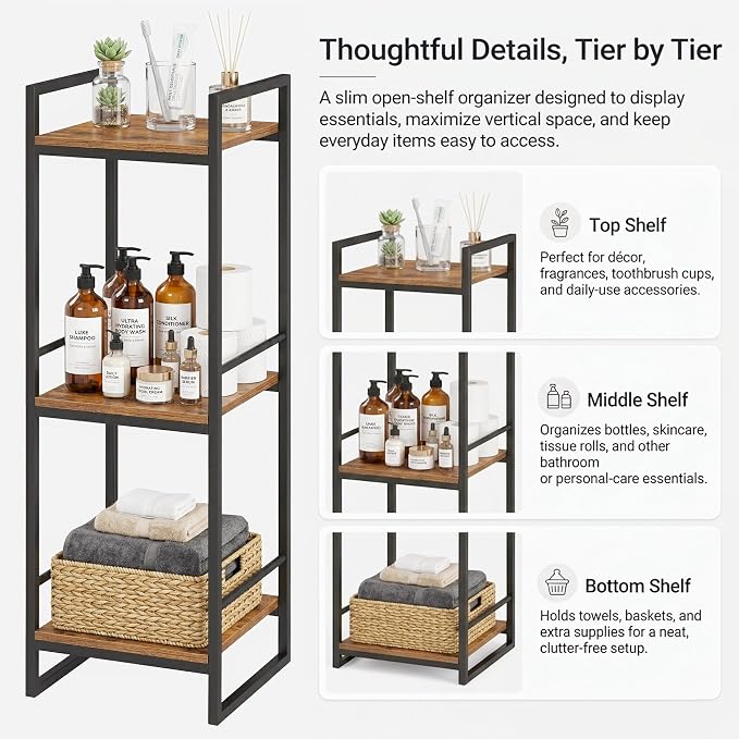 BYFU 3 Tier Bathroom Storage Open Shelf Rustic Brown Metal Corner Rack | 33.5" - Image 6