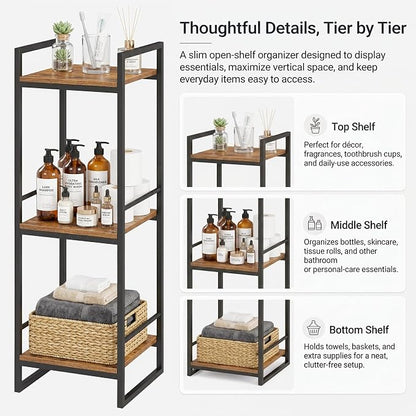 BYFU 3 Tier Bathroom Storage Open Shelf Rustic Brown Metal Corner Rack | 33.5" - Image 6