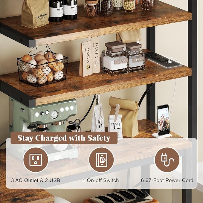L-Shaped Bakers Rack with Power Outlet, 6-Tier Microwave Stand with Open Storage - Image 5