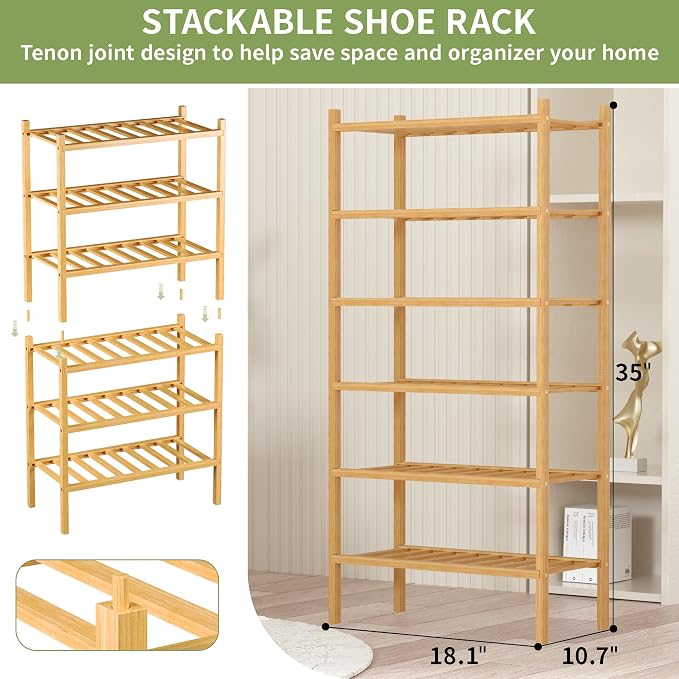 6-Tier Bamboo Small Shoe Rack, Free Standing Wood Shoe Shelf Storage Organizer - Image 3
